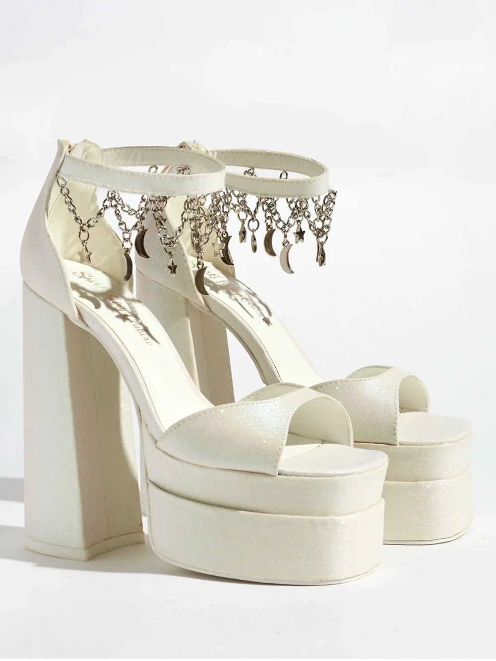 White Platform Block Heel Sandals with Ankle Charm Accent